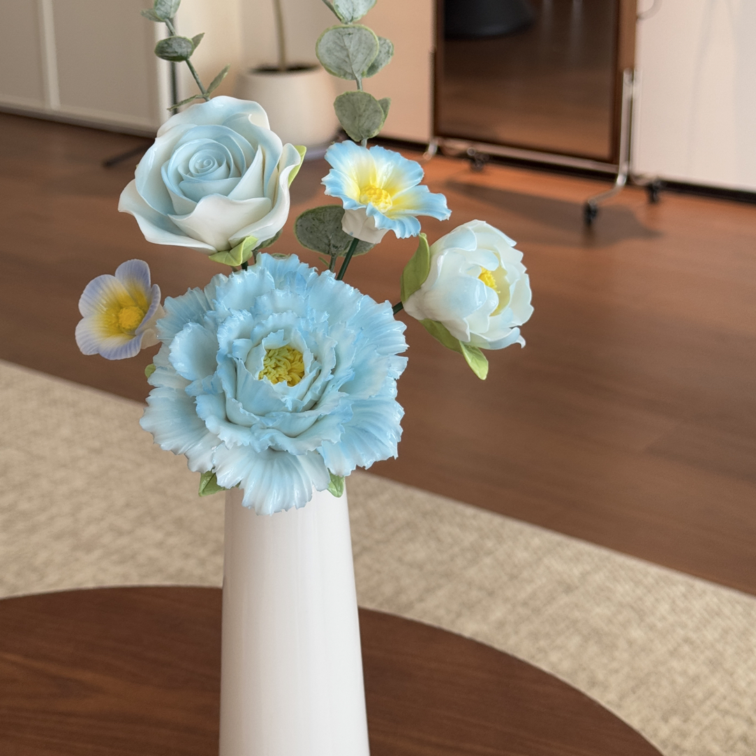 【陶雅集】非遗陶瓷手捏花-蓝牡丹组合-节日送礼桌面装饰摆件