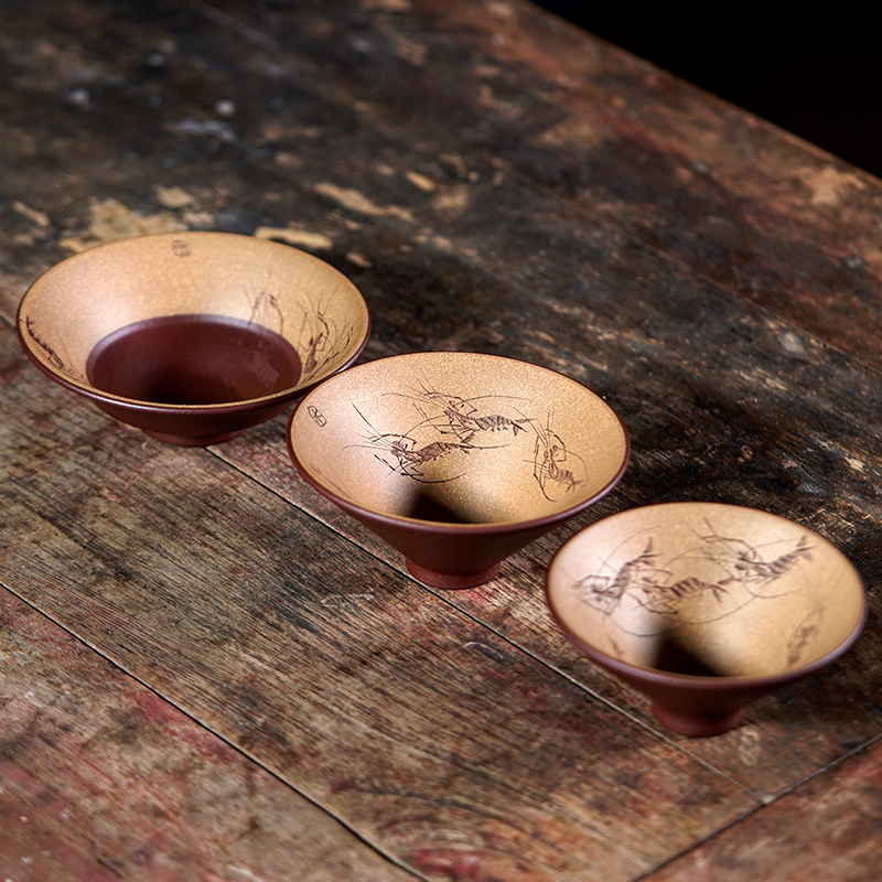 宜兴精品紫砂杯个人茶杯虾趣刻绘功夫茶杯双色斗笠杯单品茗口杯