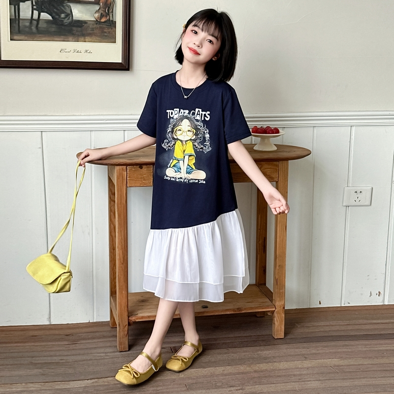 女童连衣裙夏季2025新款儿童夏装洋气时髦宽松中长款拼接T恤裙子9