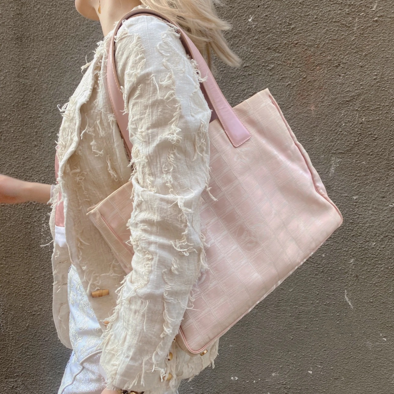 95新 Chanel/香奈儿 chanel水蜜桃冰格帆布托特