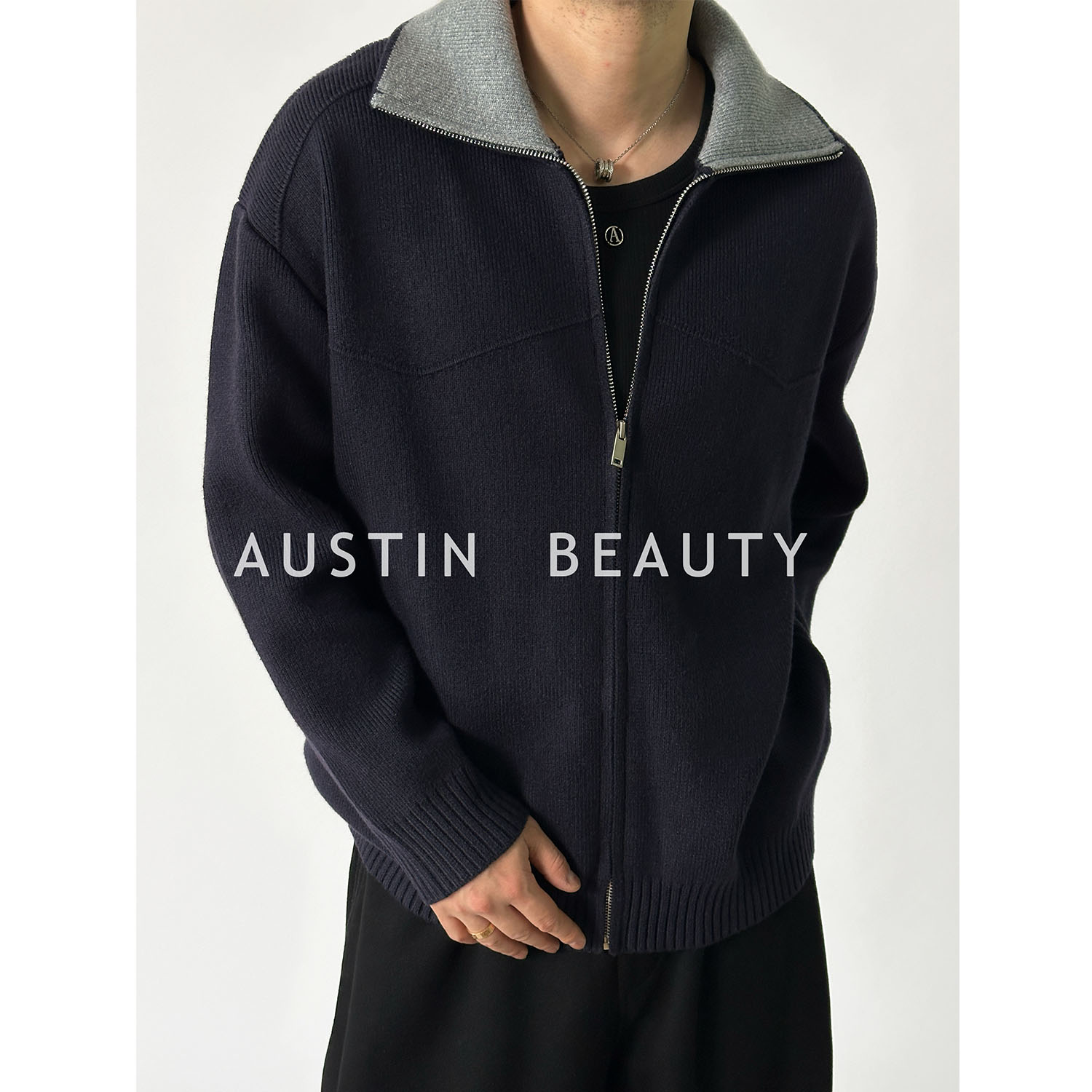 AUSTINBEAUTY【静奢新贵】针织撞色翻领休闲百搭拉链开衫