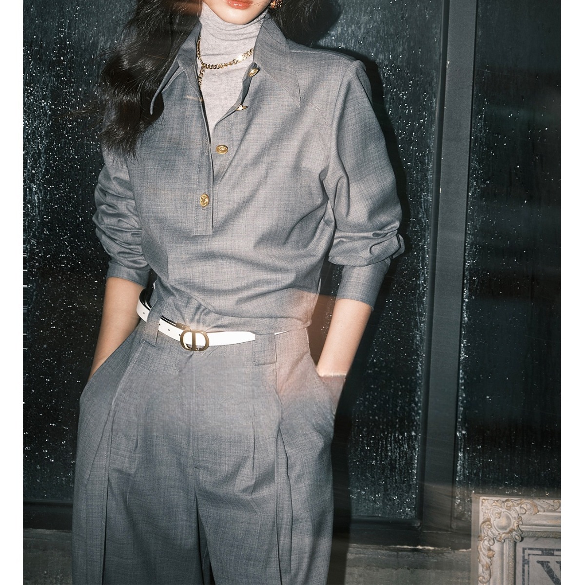 【简知】四季穿搭套装老钱风斜纹肌理不规则斜裁上衣西裤内搭套装