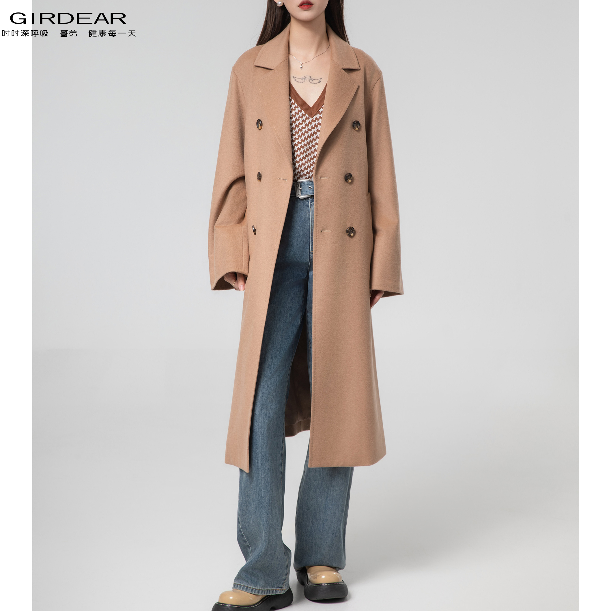 GIRDEAR/哥弟秋冬气质双排扣质感羊毛毛呢外套大衣女1400605