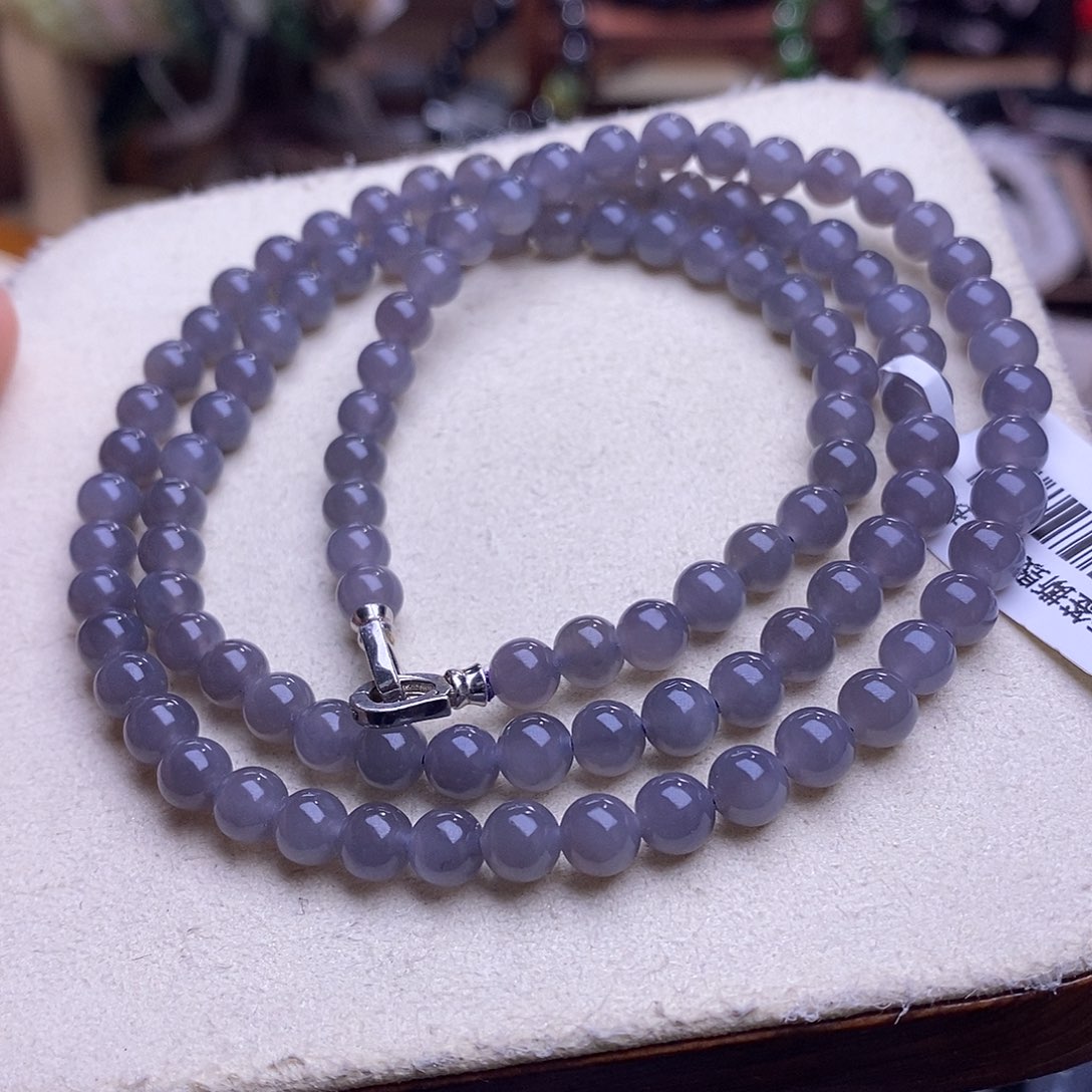 颈饰未镶嵌和田玉毕业级老坑料高冰烟紫珠链6m