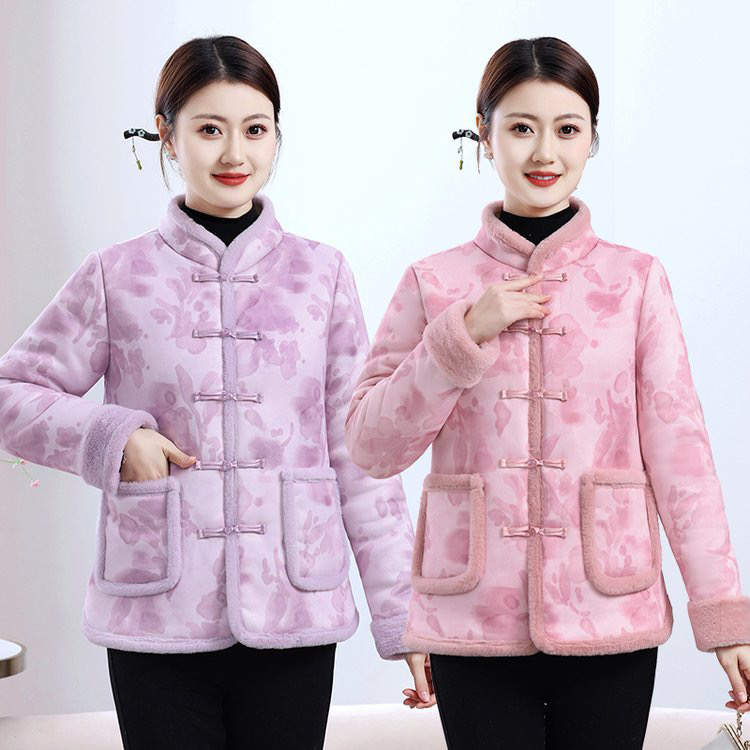 冬季新款加绒加厚复古国风立领保暖中老年妈妈装棉衣外
