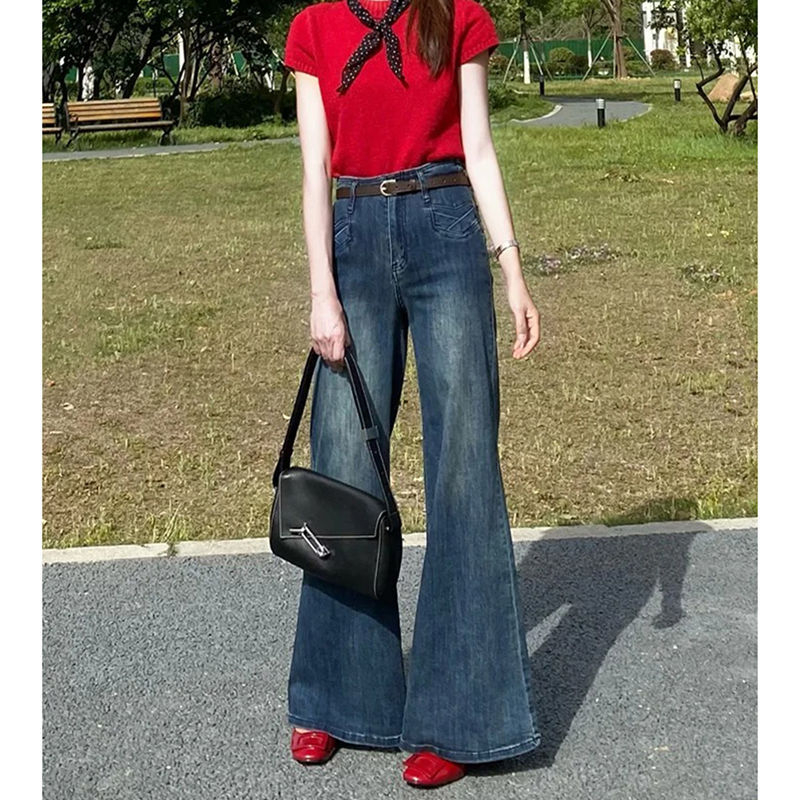 美式复古微喇牛仔裤女2025秋冬新款高腰宽松阔腿不贴腿喇叭拖地裤