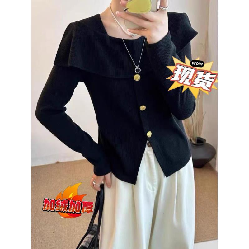 现货【珍珍】秋季大码微胖显瘦气质荷叶边设计感掐腰时尚上衣  0942