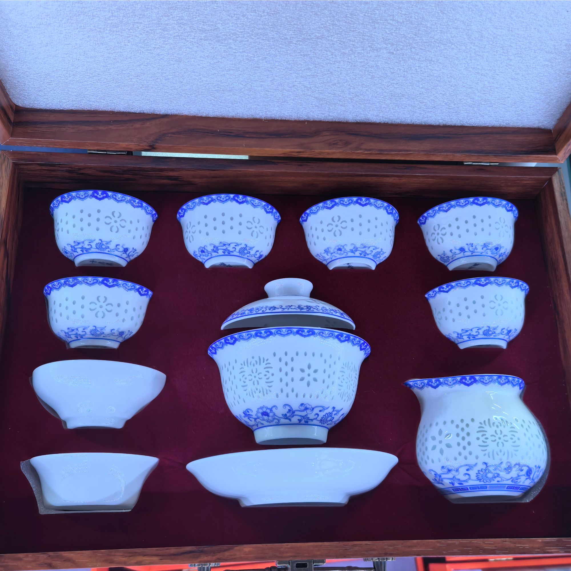 景德镇珐琅彩 青花玲珑功夫茶具套装家用泡茶精致茶具送礼佳品