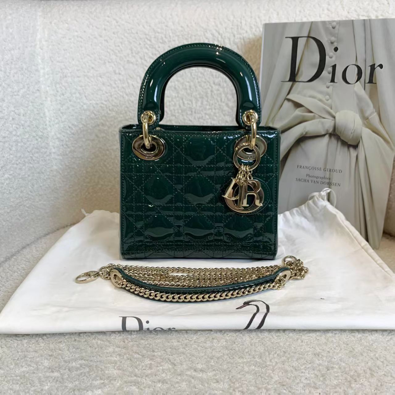 99新 DIOR/迪奥 壹臻/墨绿色漆皮三格戴妃 45056633