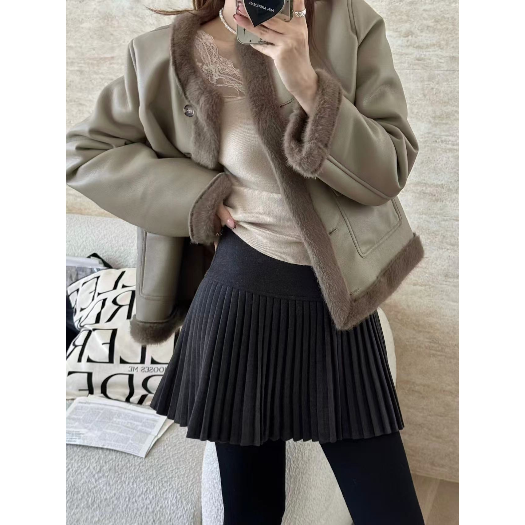 SP 深灰高腰显瘦毛呢半身裙女冬季新款百褶裙A字短裙半裙 