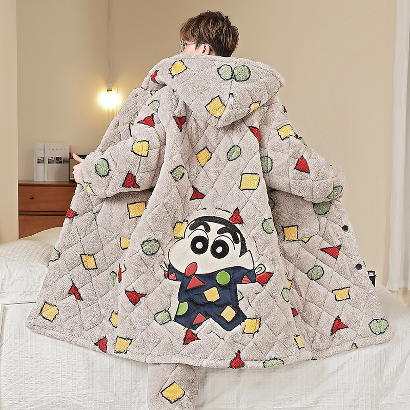 睡衣男秋冬季加厚加绒珊瑚绒睡袍男款三层夹棉保暖长袍家居服套装