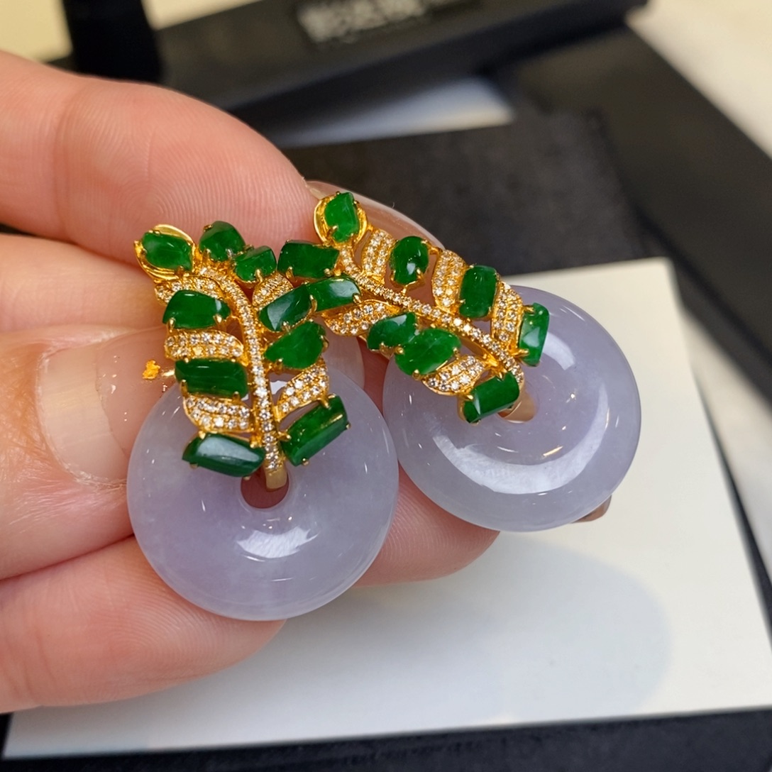 翡翠耳饰18K金镶嵌冰紫甜甜圈➕随形麦穗耳扣