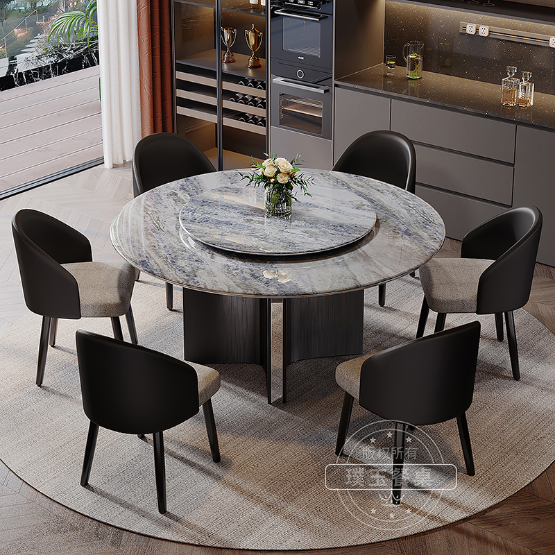巴西进口蓝水晶天然大理石餐桌意式轻奢高级感带转盘圆形奢石饭桌