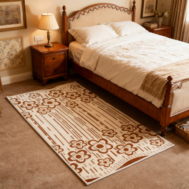 棕韵花踪舒棉绒地毯卧室床边毯直播孤品床边地毯冬季加绒加厚地毯