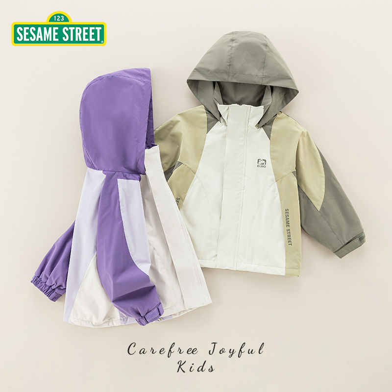 【ZB】芝麻街春季新款儿童连帽加绒相拼撞色外套ZMCC005