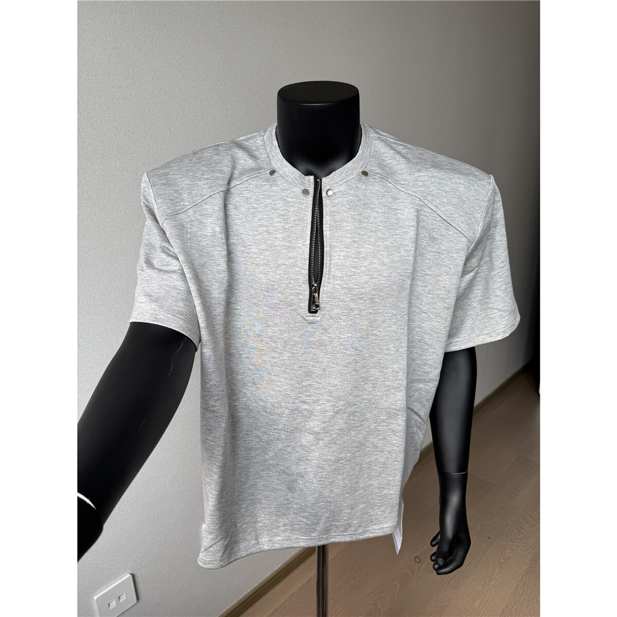 美式cleanfit穿搭灰色短袖t恤男款夏季半拉链设计感潮牌半袖上衣