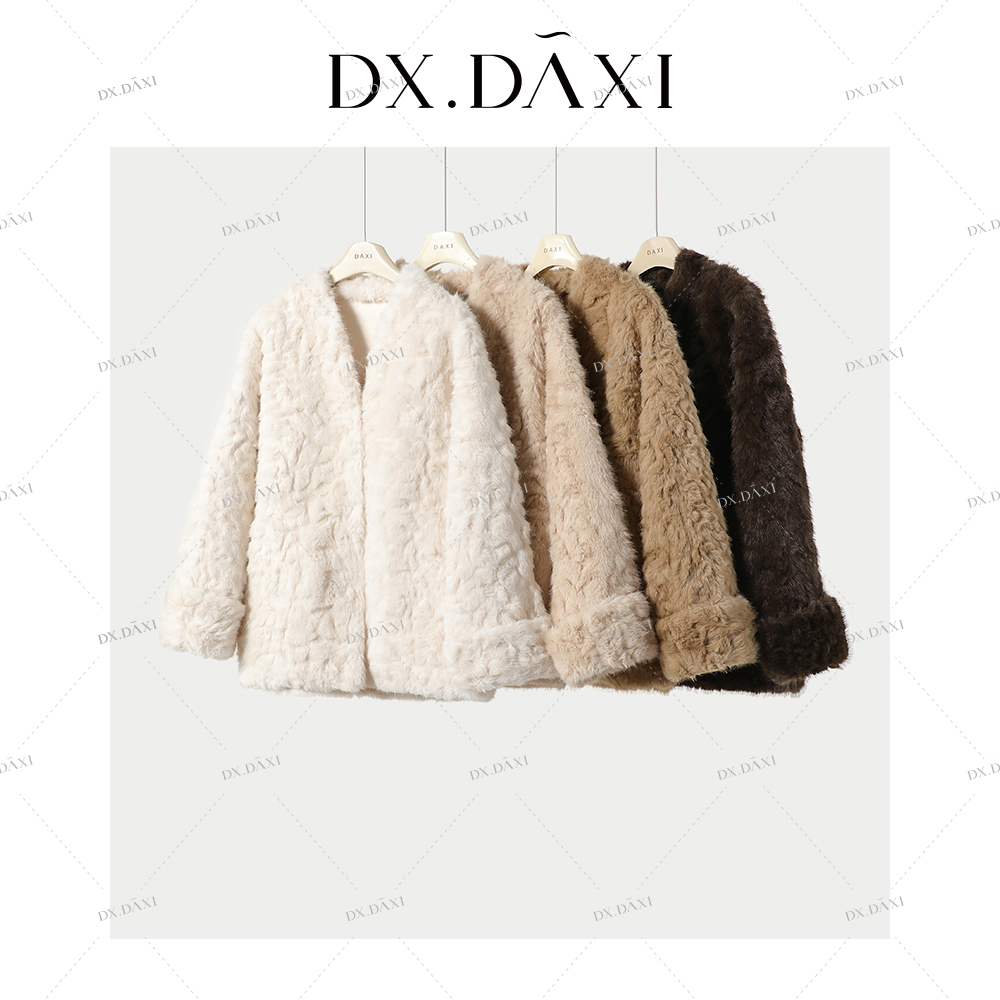  DX.DAXI【冰岛雪林】韩版环保毛毛外套中长款小个子V领保暖厚款