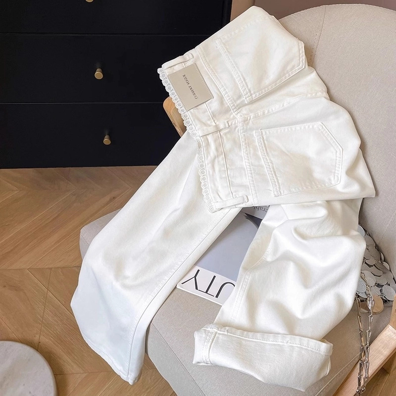 白色蕾丝边2025春夏高腰直筒牛仔裤女春夏宽松显瘦窄版阔腿裤