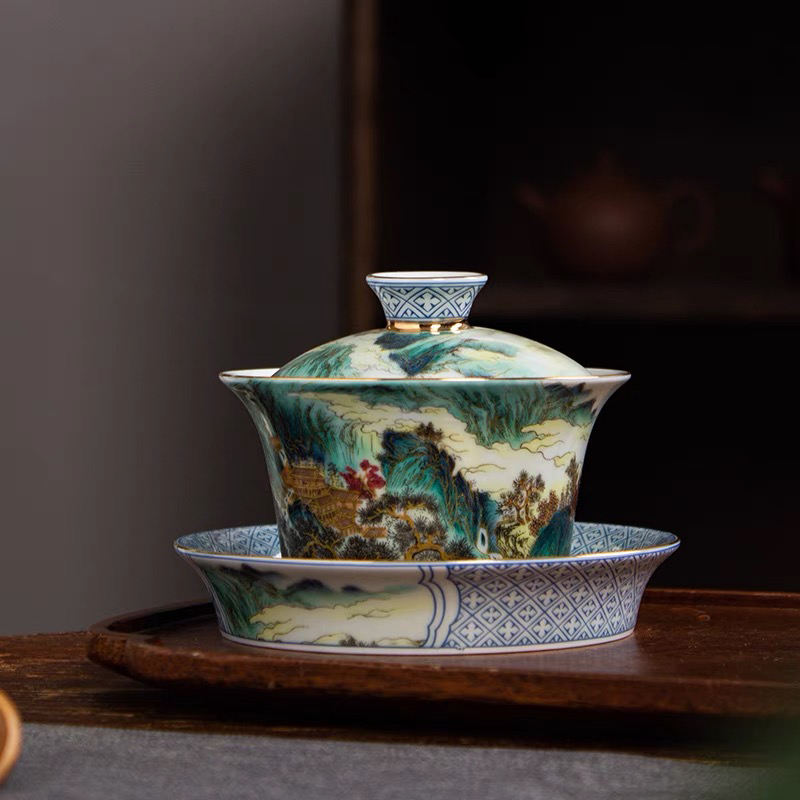 景德镇七丞堂珐琅彩山居浮云图三才盖碗不烫手泡家用陶瓷功夫茶具