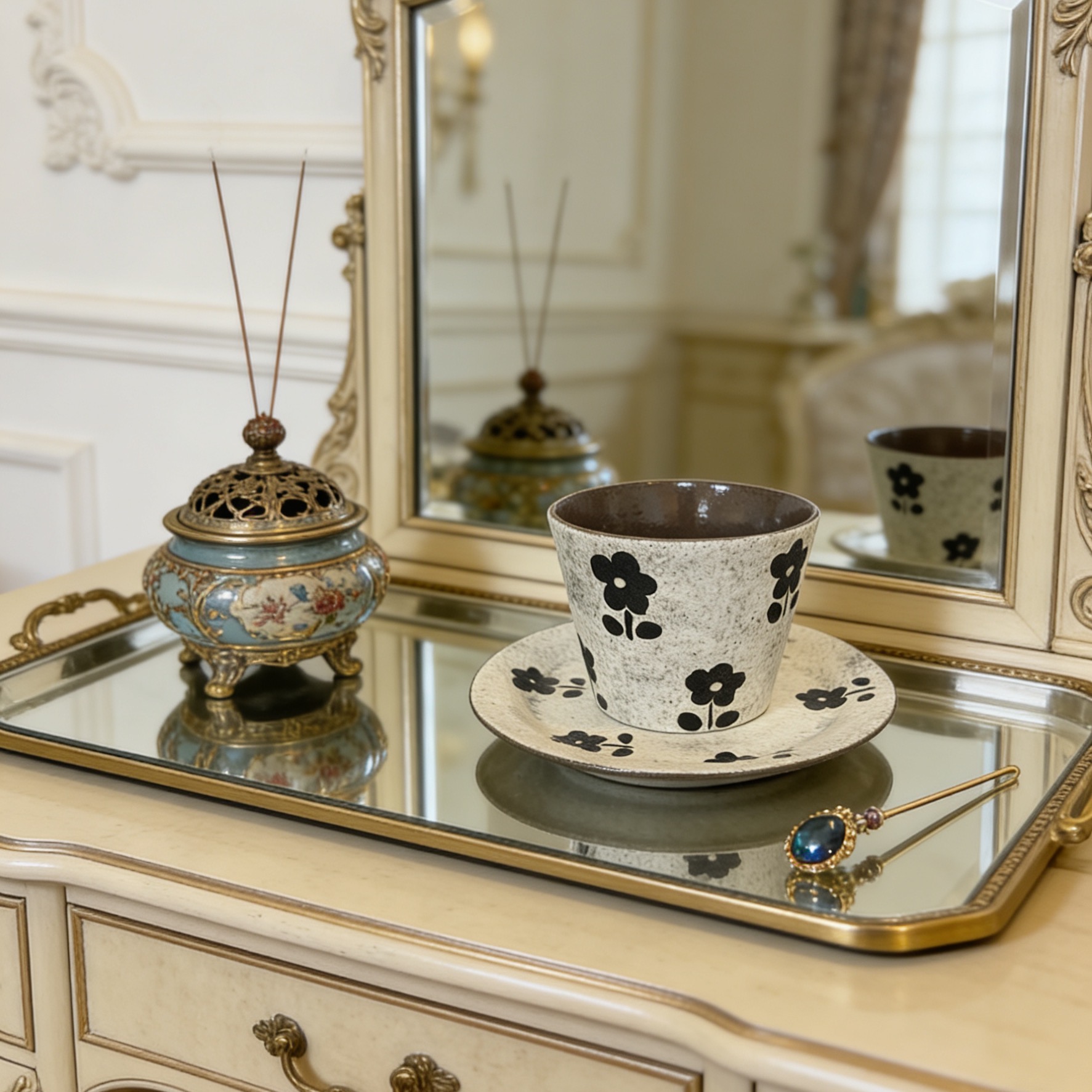 手工手绘日式复古梅花咖啡杯碟粗陶质感下午茶杯小众设计款MTB041