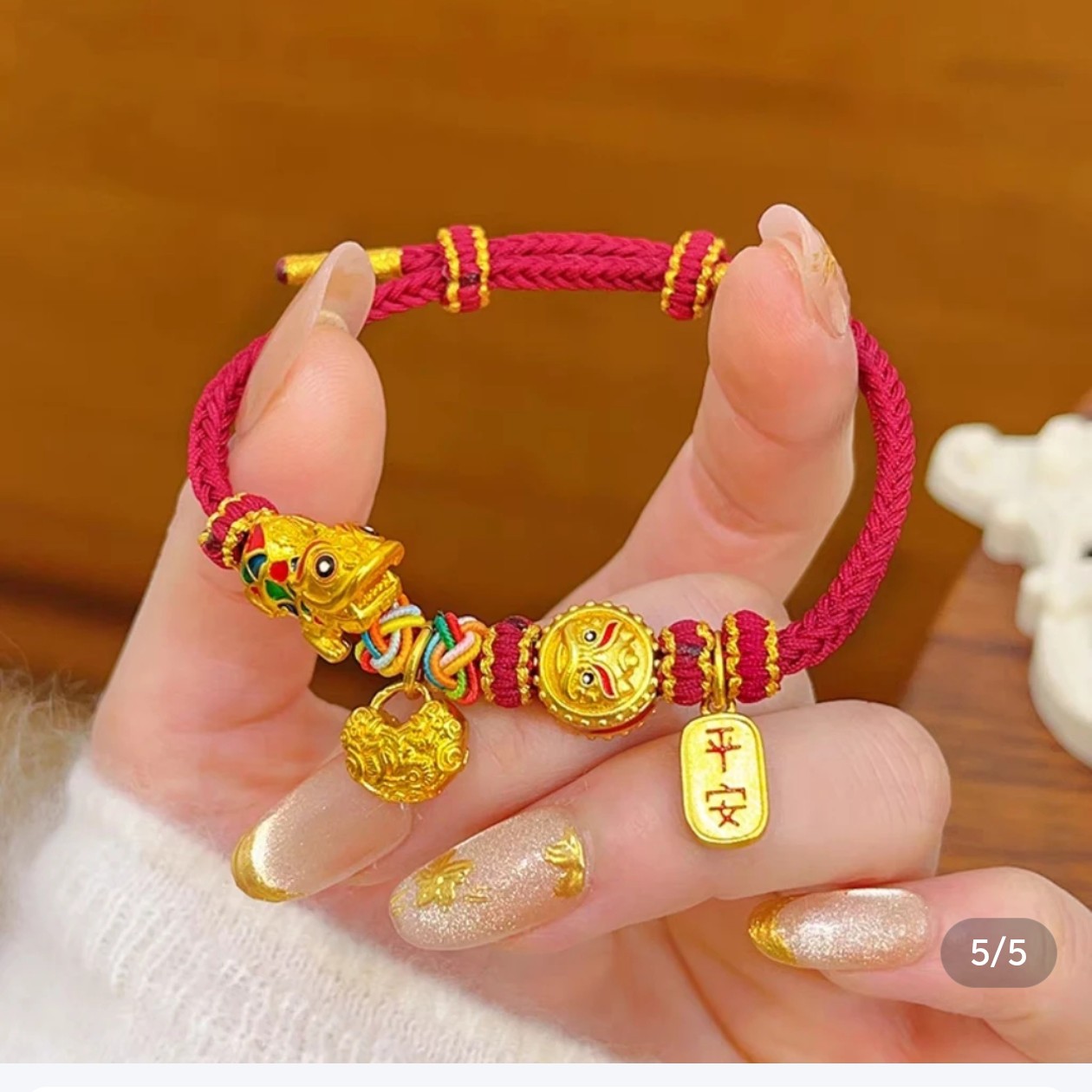 铜合金手链 黑金珐琅彩时来运转醒狮红绳手链招财进宝舞狮手绳