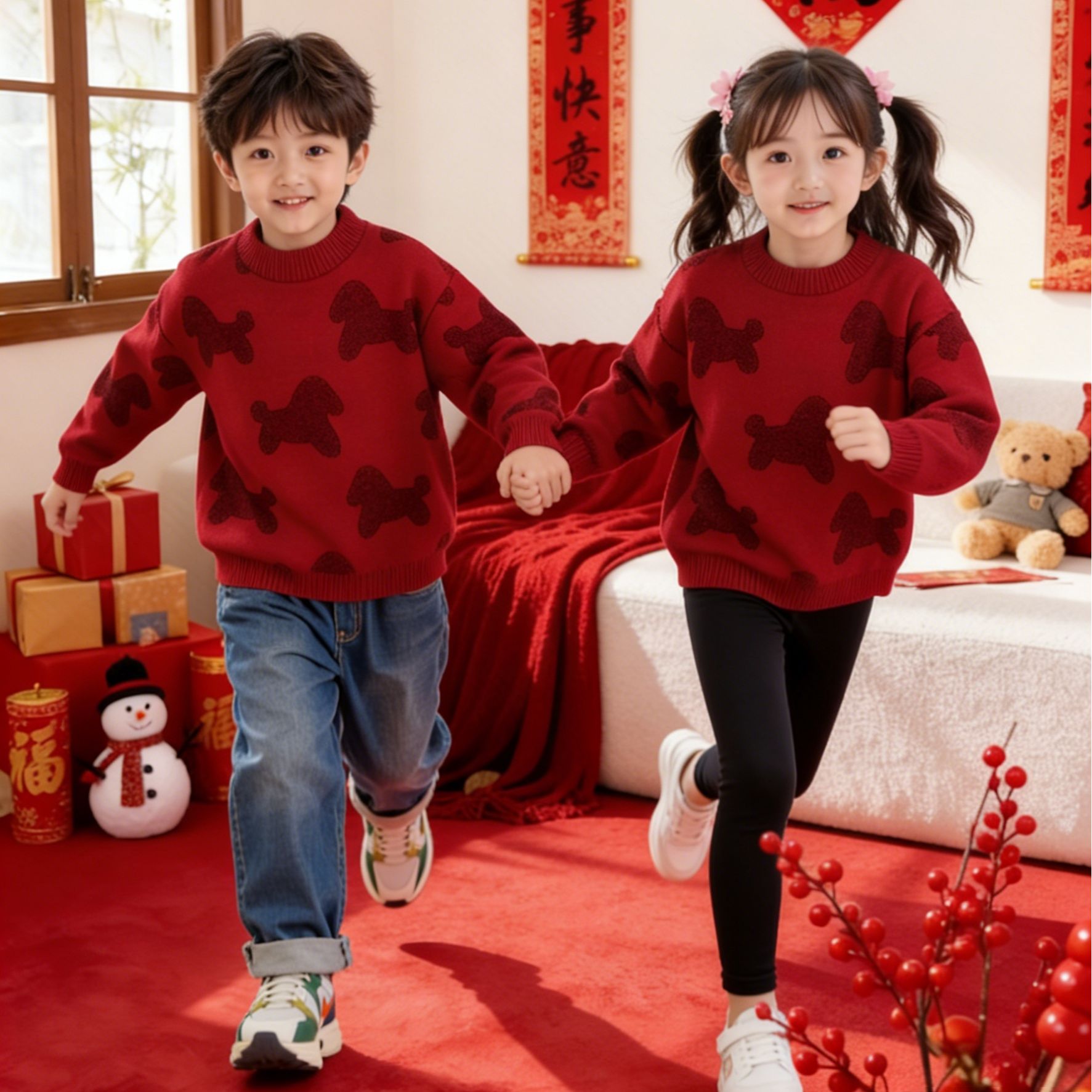 新年特定幸运小马金马贺岁儿童红色毛衣加厚拜年服秋冬季本命年