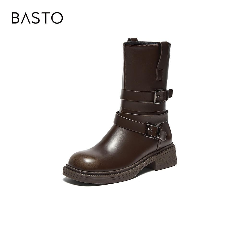 百思图2024冬季新款简约户外街头潮流休闲靴粗跟女中靴CC886DZ4