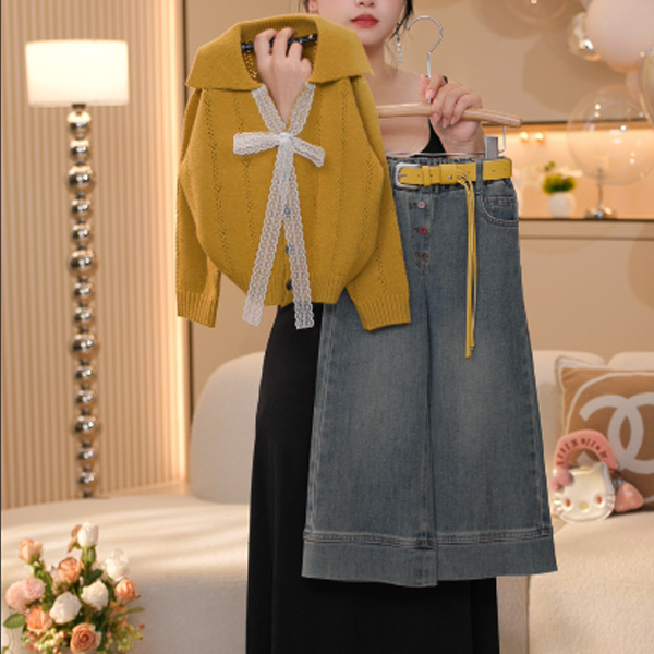 【米拉8】女童毛衣针织开衫牛仔裤秋季中大童百搭长袖上衣外套时髦