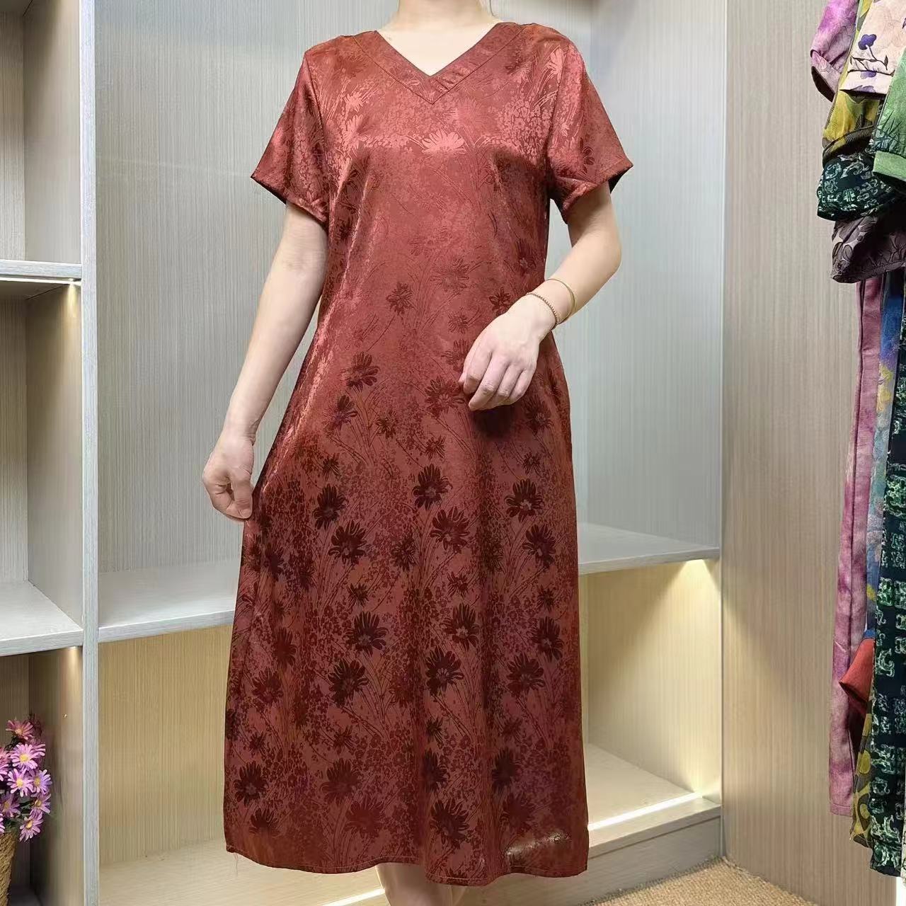 （众衣）提花桔色蒲公英款上新直筒短袖带口袋连衣裙