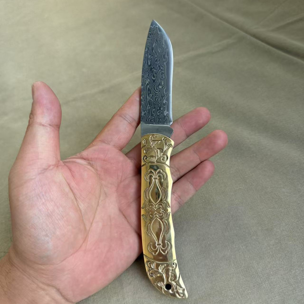 大马士革吃肉小折刀户外花纹锋利精美