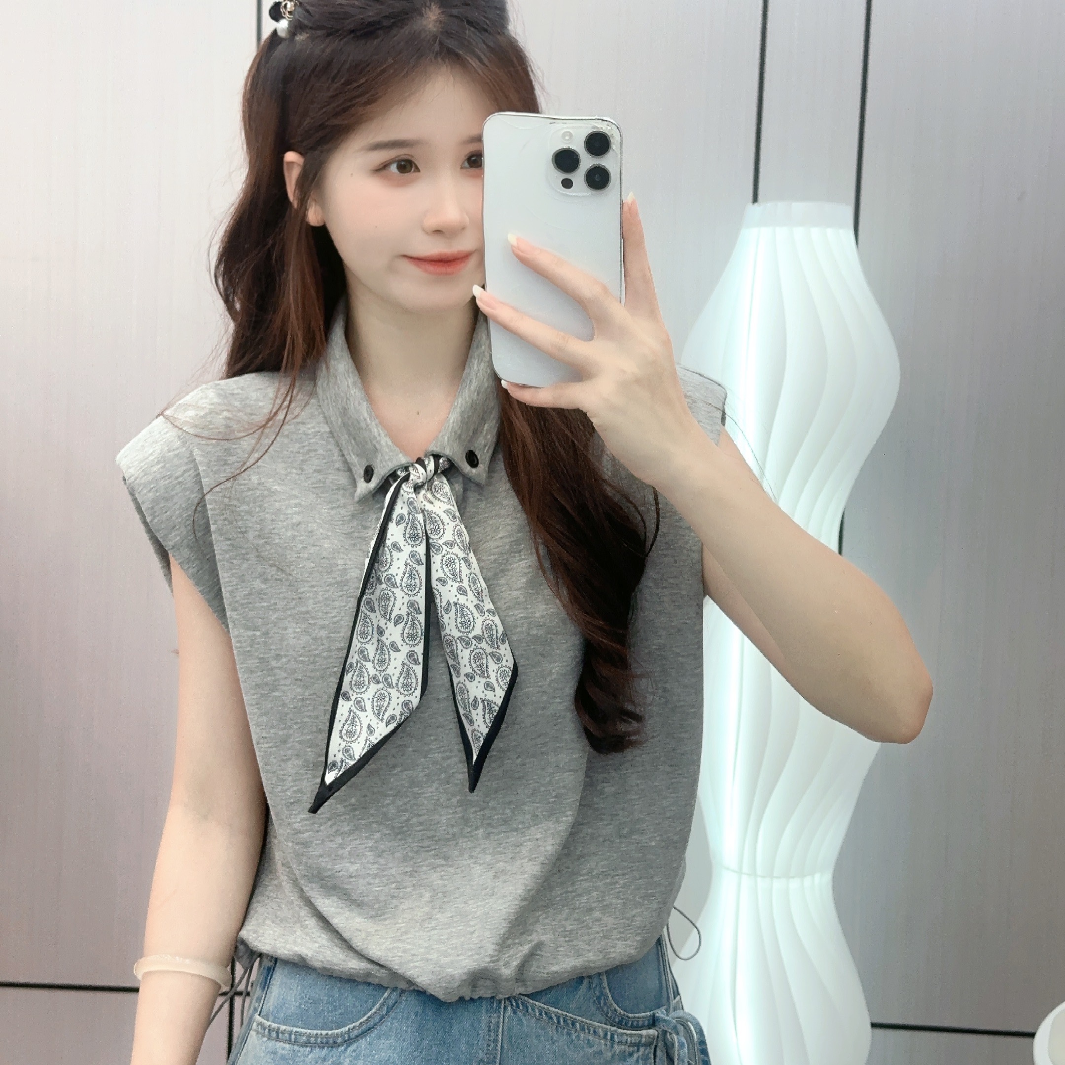 7560 L韩设计感无袖T恤2025夏季新款女别致显瘦百搭上衣潮