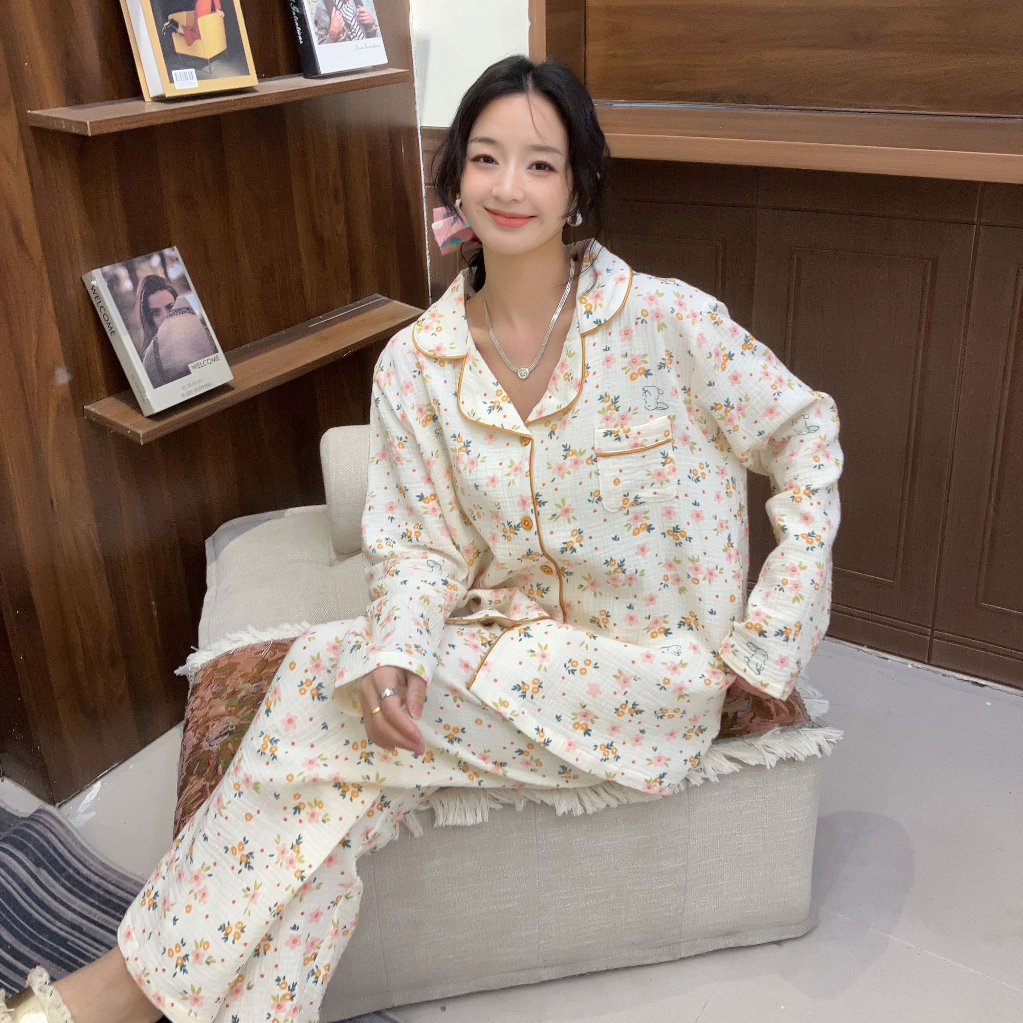 韩版套装碎花双层纱布纯棉甜美春秋长袖可外穿睡衣家居服套装
