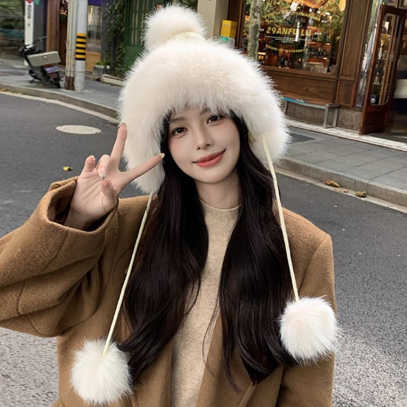 狐狸毛新款雷锋帽可爱毛球御寒骑车帽保暖加绒针织毛线皮草帽
