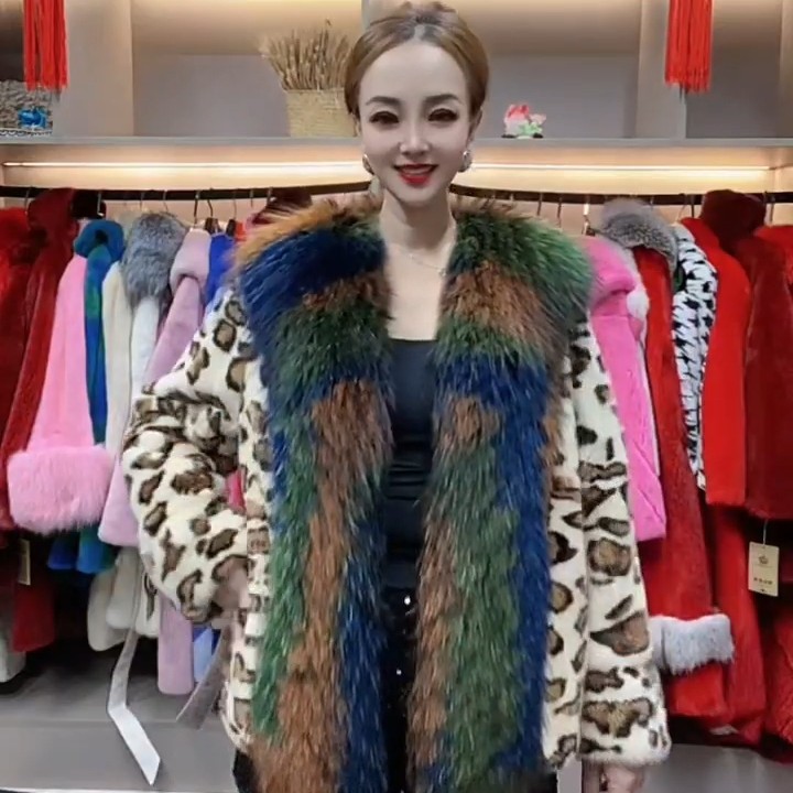 海宁水貂皮草外套女进口貂皮大衣整貂真貂毛豹纹狐狸毛领休闲时尚
