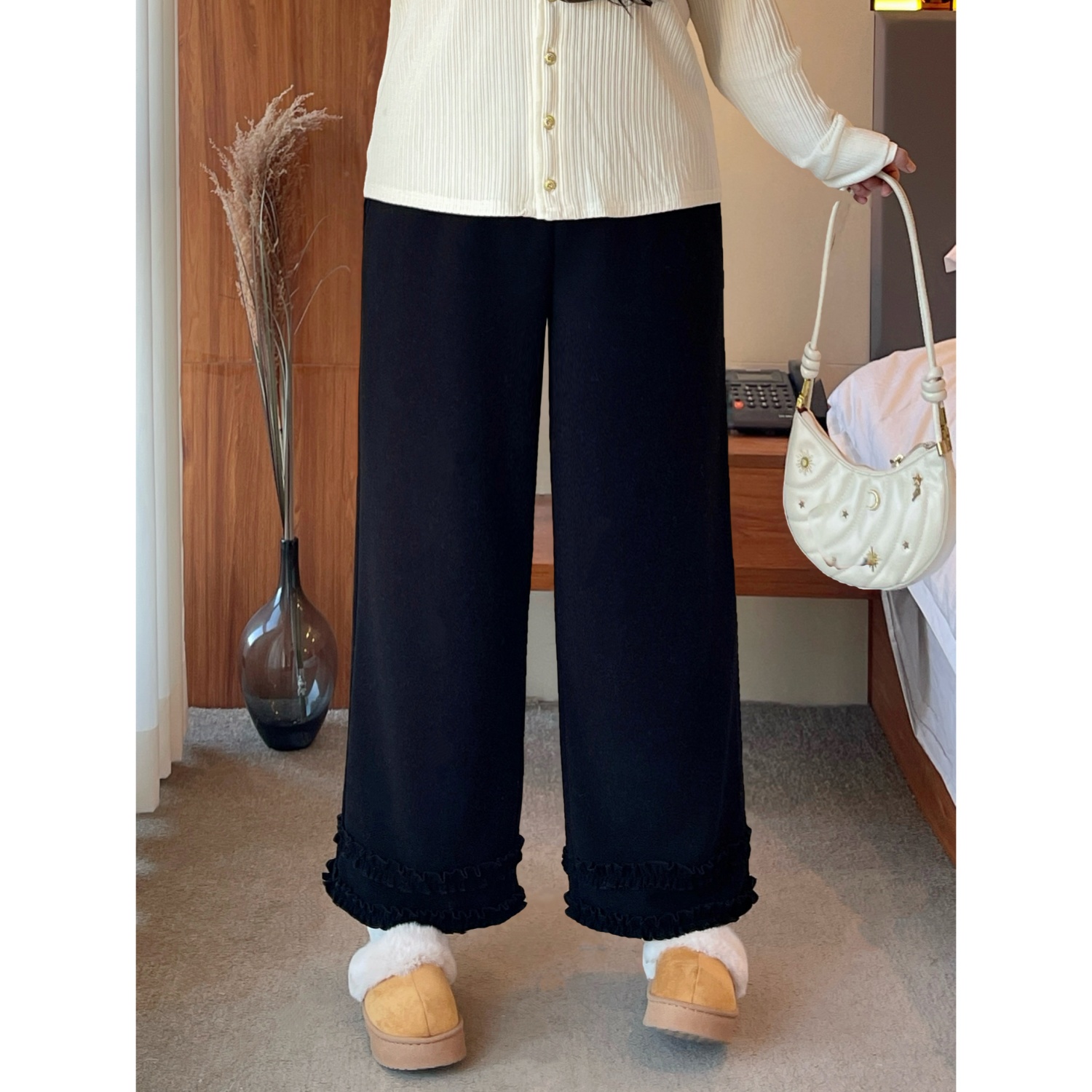 花契“暖暖姜饼”大码女装冬季百搭200斤胖mm时尚加绒休闲裤16641-X