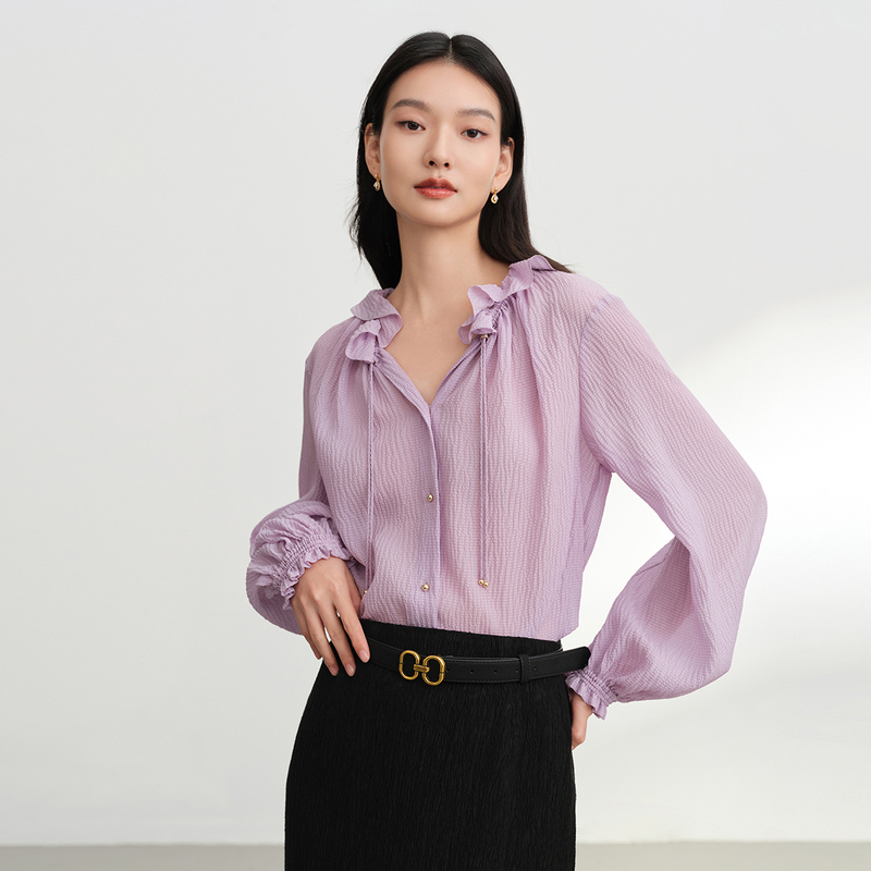 EP雅莹2025早秋新品 桑蚕丝花瓣领抽绳泡泡袖紫色长袖衬衫2210A