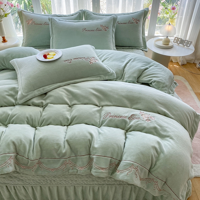 素色【夹棉床盖】冬季双面绒加厚牛奶绒四件套保暖防滑夹棉床罩床裙