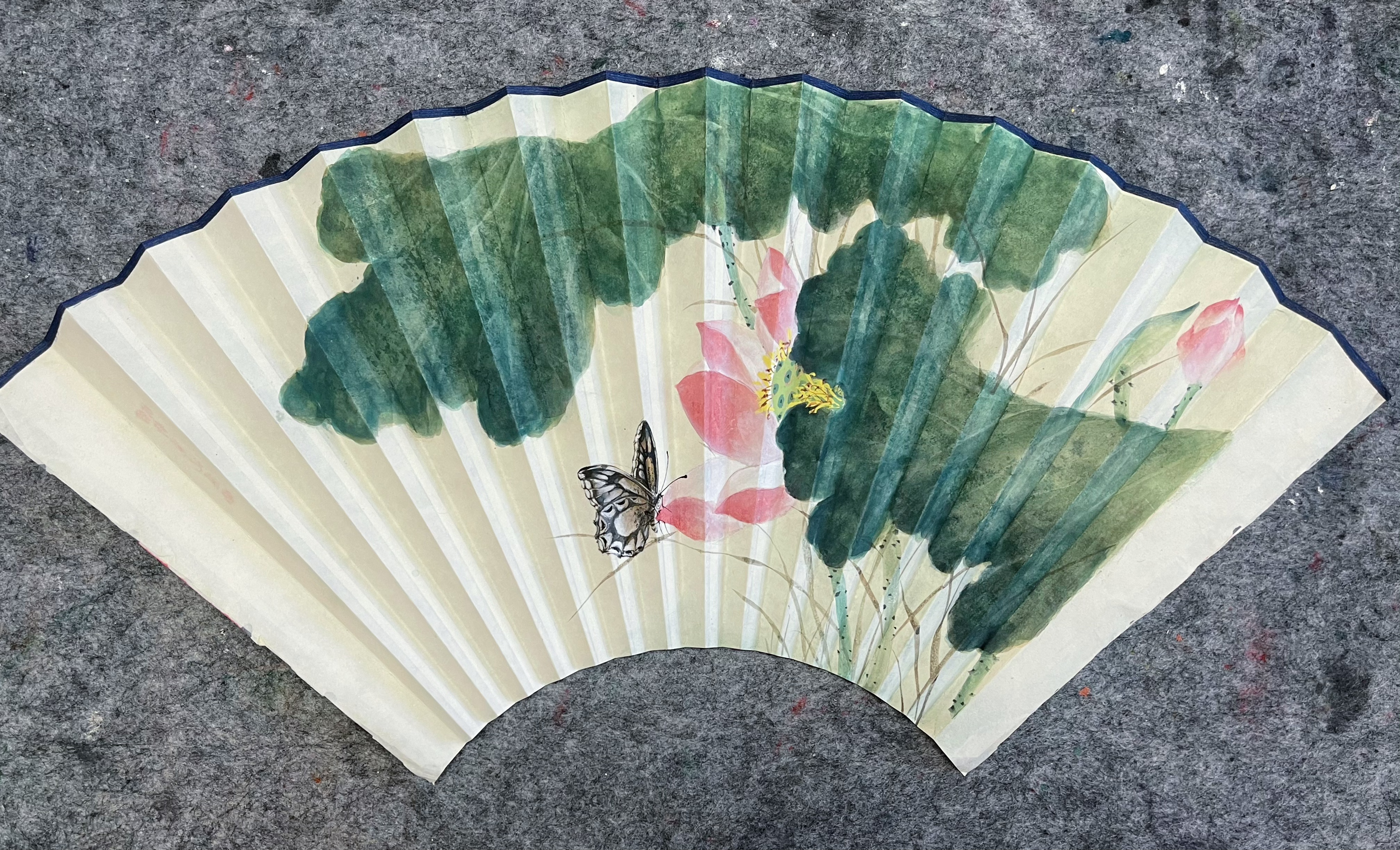 青崖集｜蝴蝶荷花没骨画扇面 95寸16方 老矾