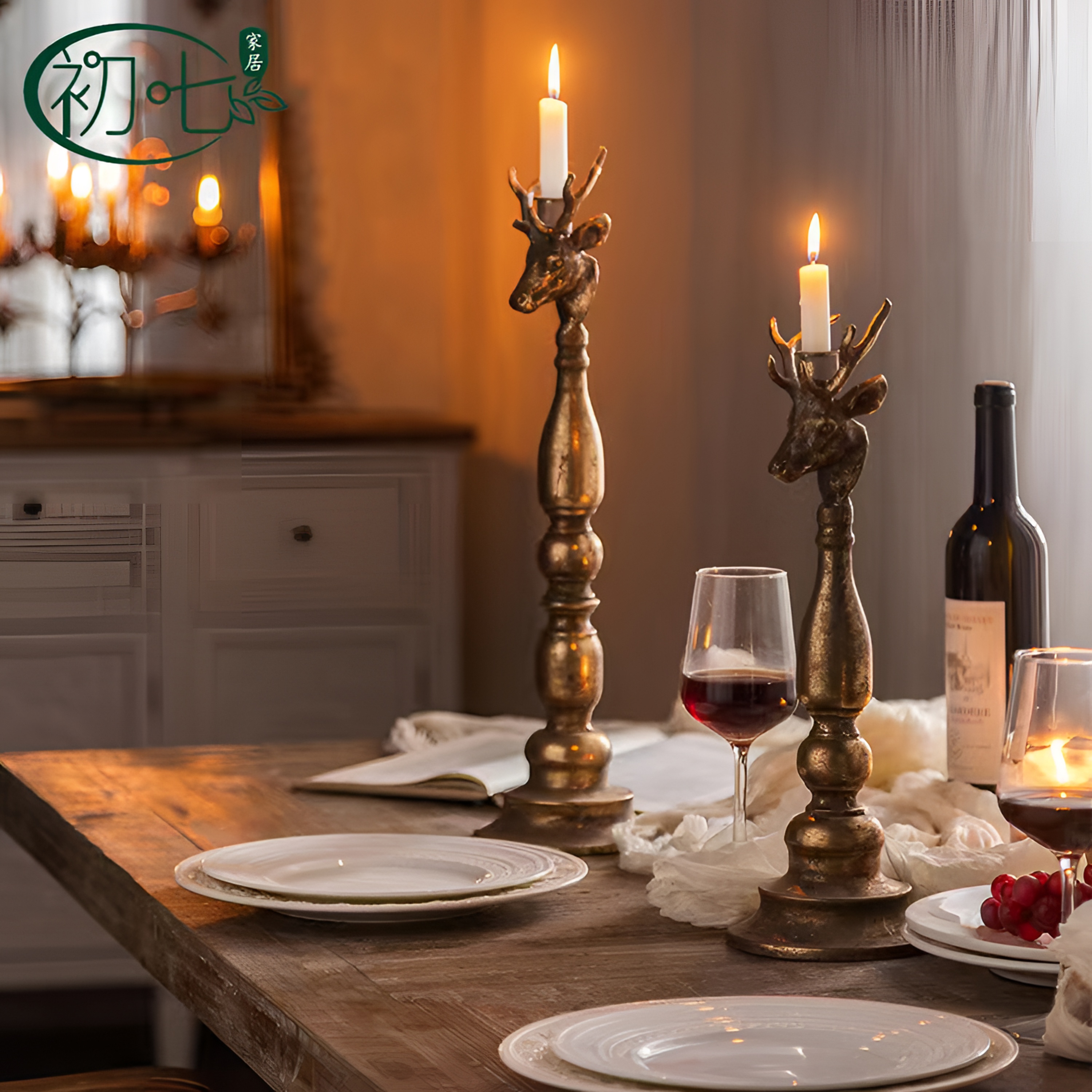 美式复古金属蜡烛台节日装饰麋鹿做旧烛台创意摆件