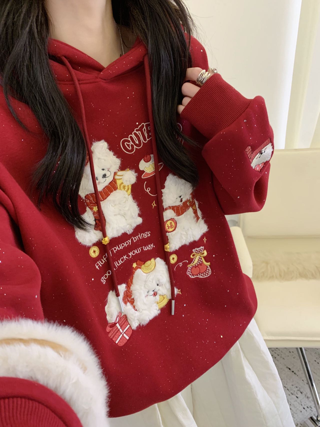 (加绒）发财狗狗 秋冬女士红色重工刺绣针织长袖秋冬连帽卫衣3795