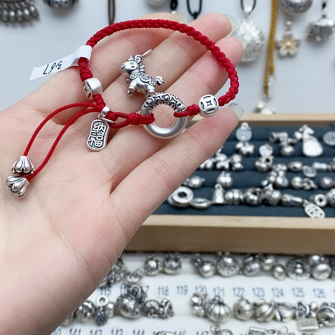 足银锦纶平安扣手链加小马纳福足银