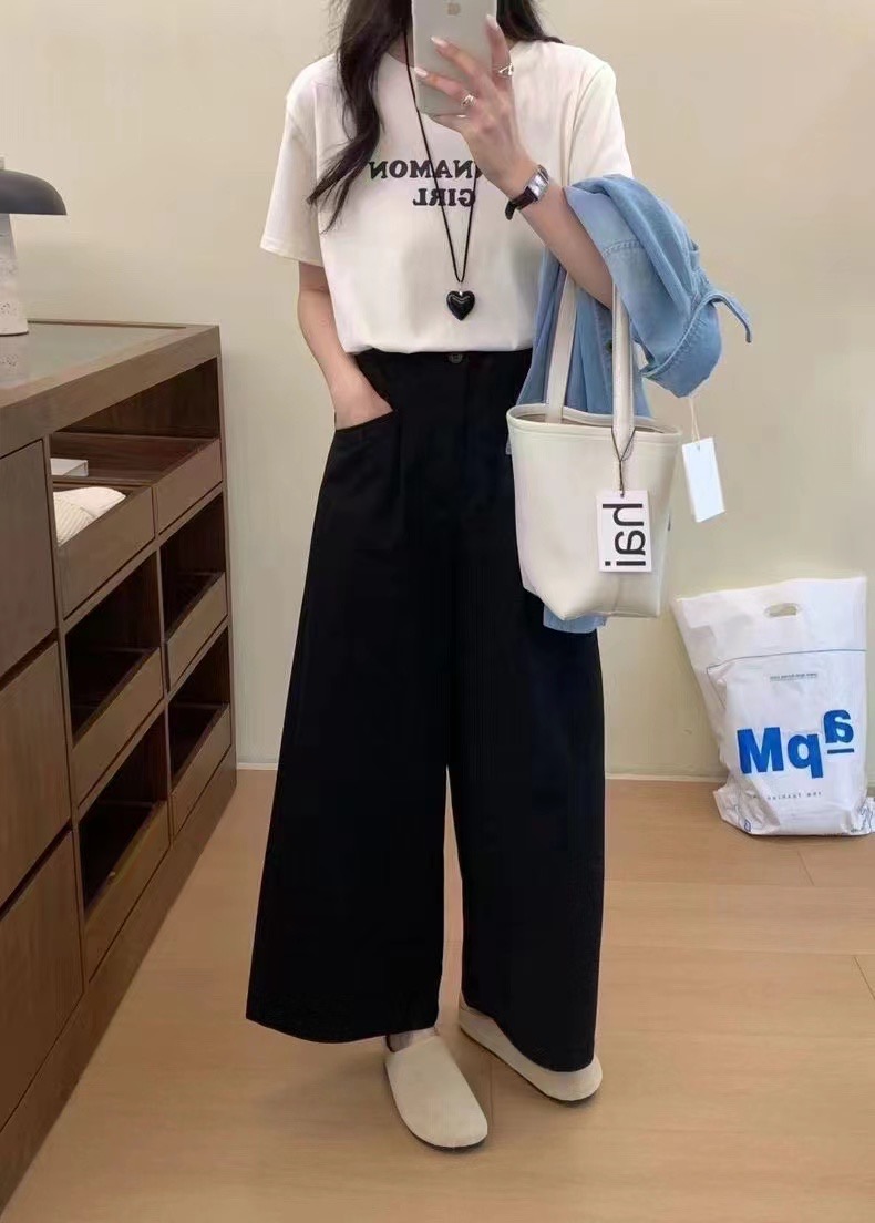 夏季定制小个子百搭显瘦气质高腰阔腿裤