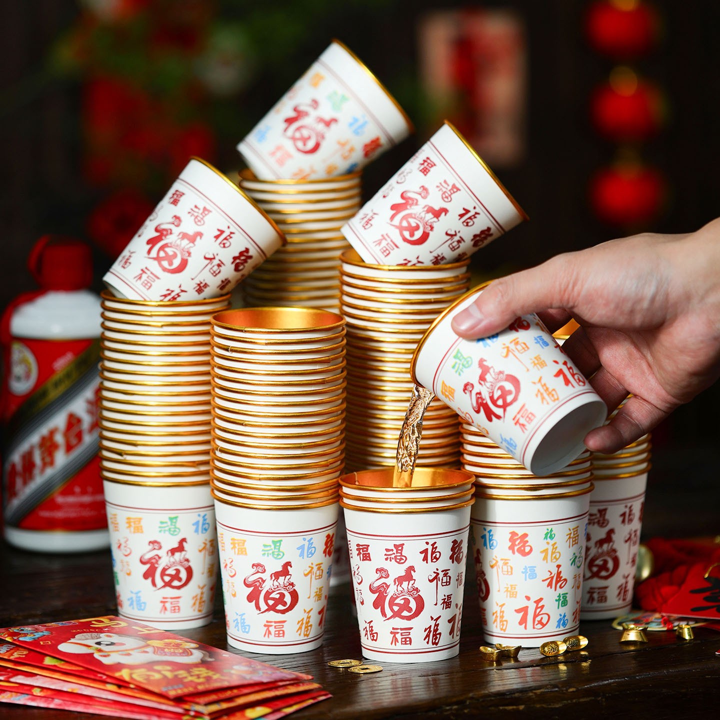 2026加厚新年纸杯新款敬茶杯新年纸杯子一次水杯春节家用