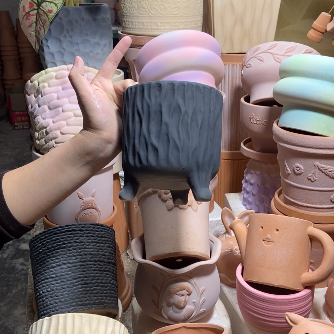 13×14碳黑三脚树纹盆 粗陶2个