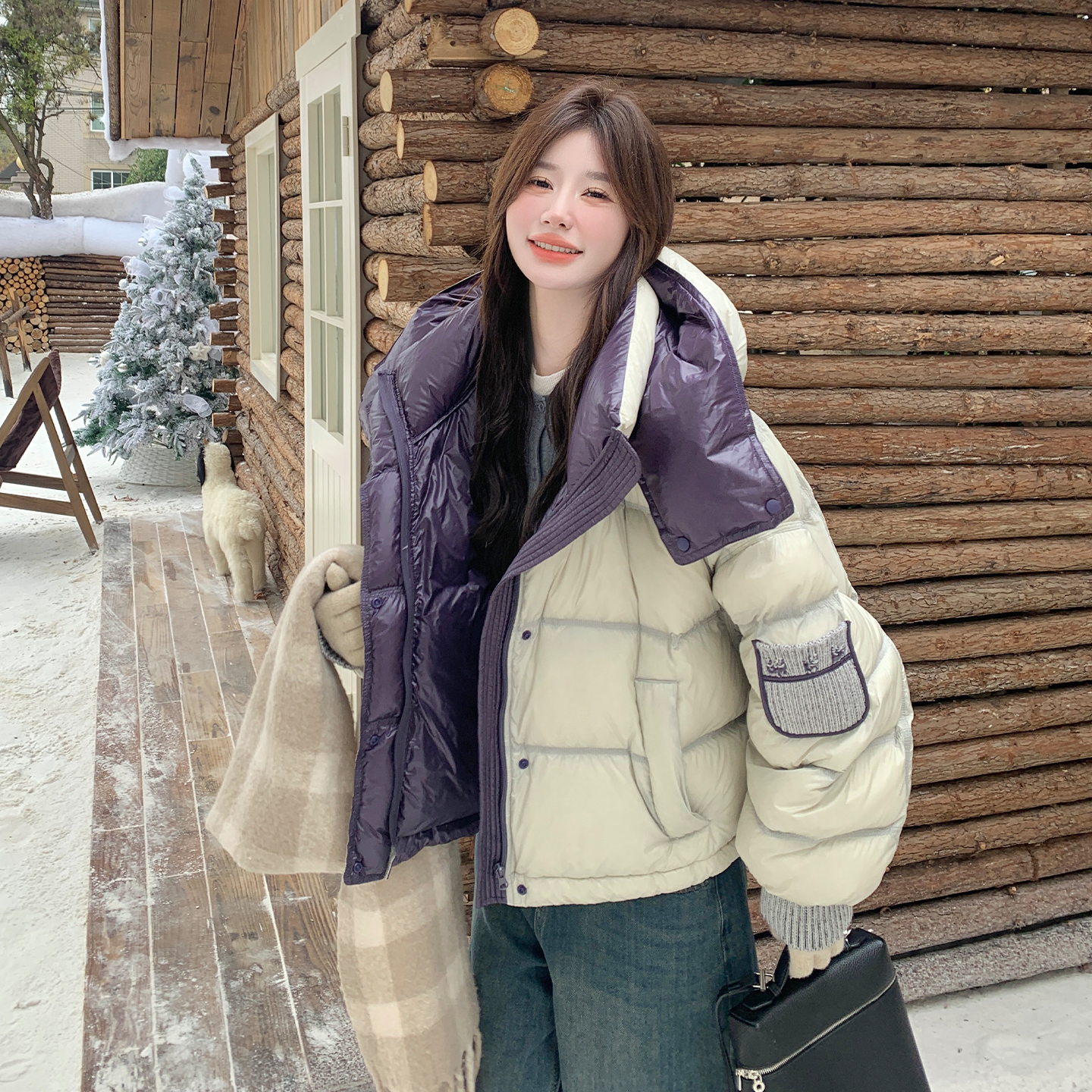 撞色拼接短款连帽龟背羽绒服女冬季2025新款韩系面包服保暖厚外套