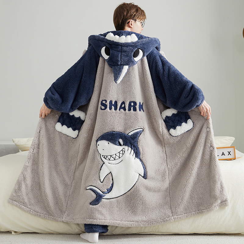 男士睡衣秋冬季珊瑚绒加绒加厚冬天青少年睡袍男法兰绒浴袍家居服