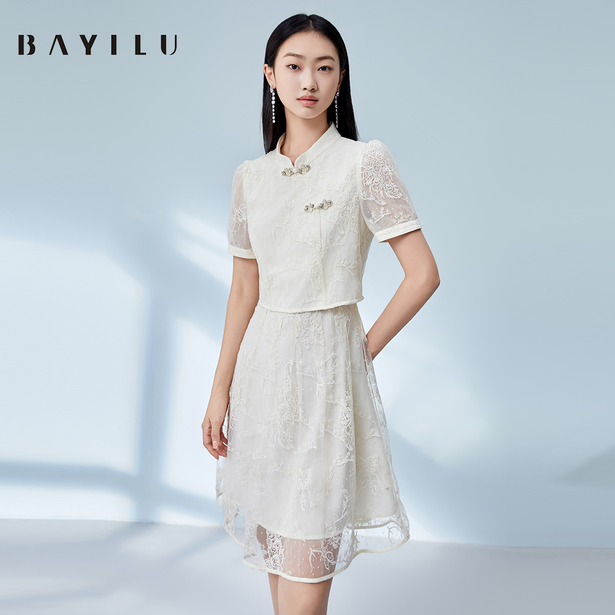 【尚雅】芭依璐夏季新中式刺绣假两件中长连衣裙90L7650