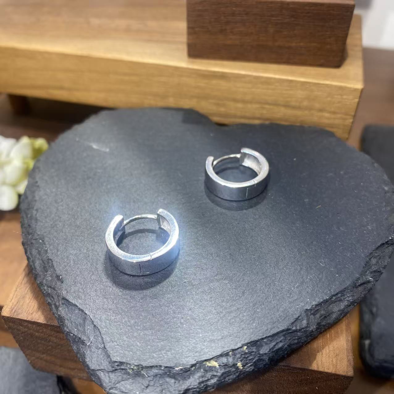 925银耳饰 宽亮面直角厚圈S925银耳圈耳扣