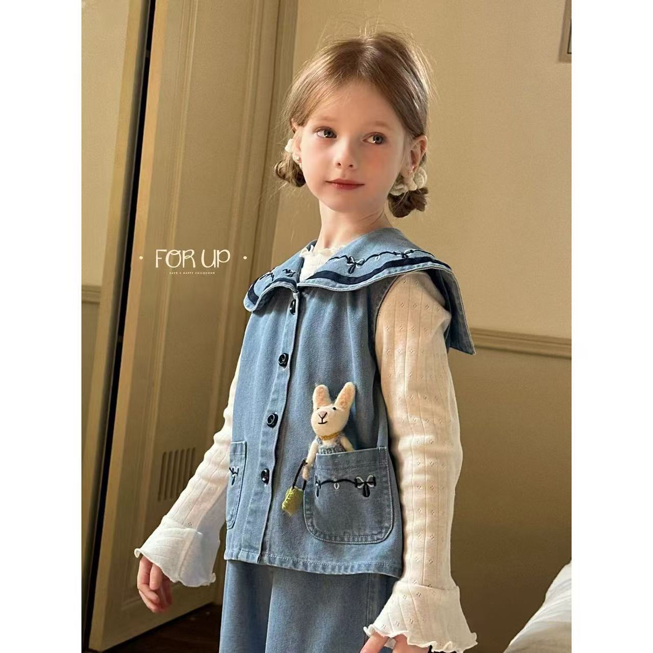 【现货】251-FU-85036牛仔蓝法式薇薇安花朵刺绣牛仔套装