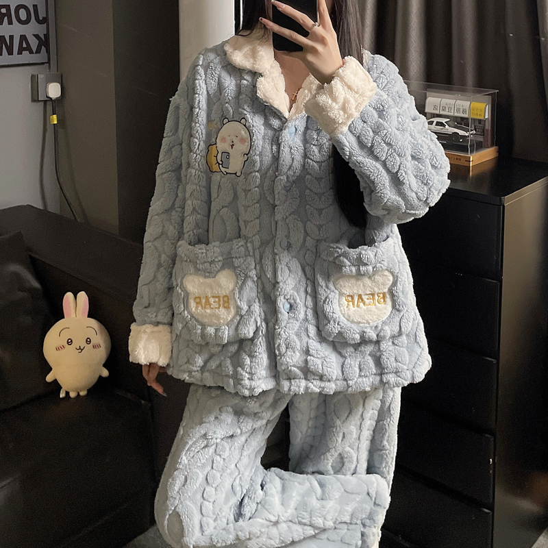 宽松大码睡衣男女款冬加绒加厚保暖珊瑚绒情侣胖mm加大家居服套装